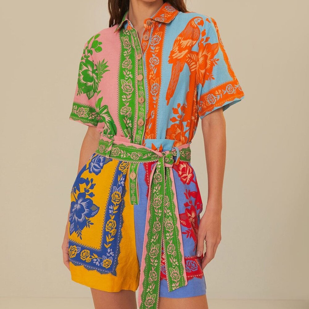FARM RIO Mixed Lace Garden Scarves Romper